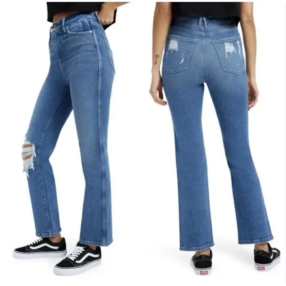 Good American Good Curve Straight Jeans GCS144T High Waist Distressed Size 16